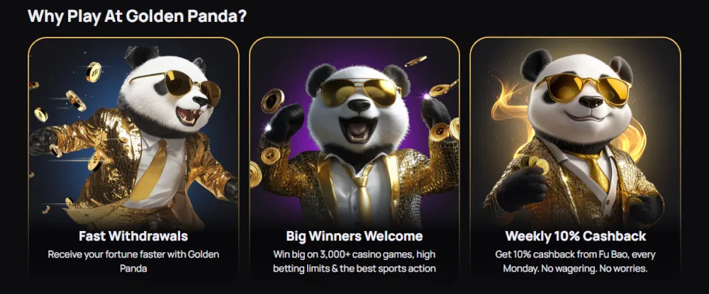 Vantaggi del casinò Golden Panda includono prelievi rapidi e cashback settimanale del 10%.